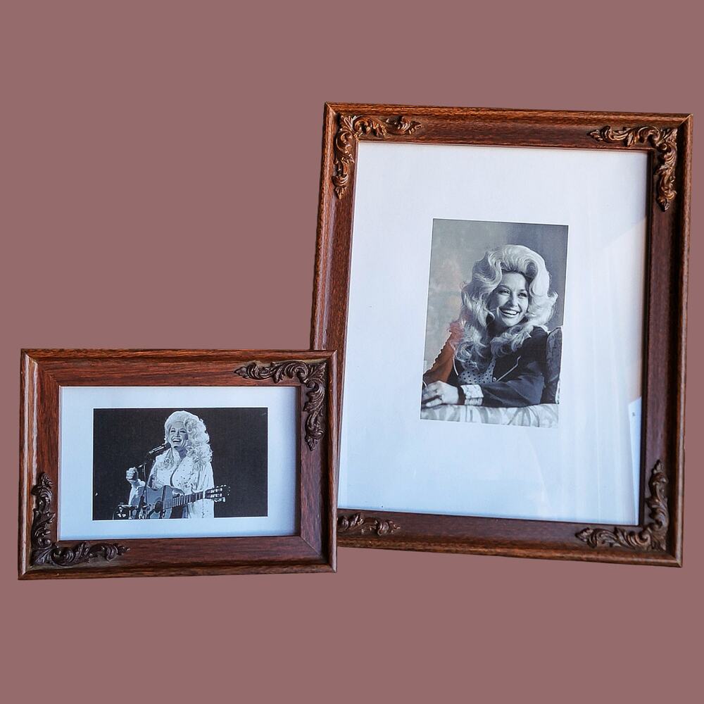 Vintage 1970s Wood Grain Textured Frames with Ornate Corners, Two Sizes